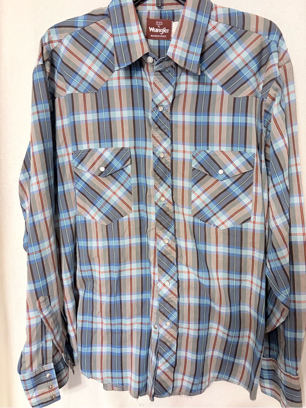 Wrangler Light Blue and Brown Plaid Western Button-Down Shirt - Picture 2 of 3